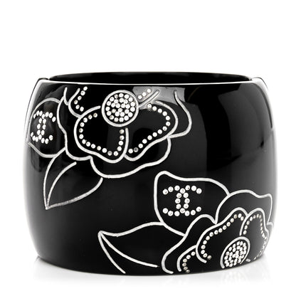 Chanel Resin Crystal Camellia CC Cuff Bracelet Black Silver 3 of 4