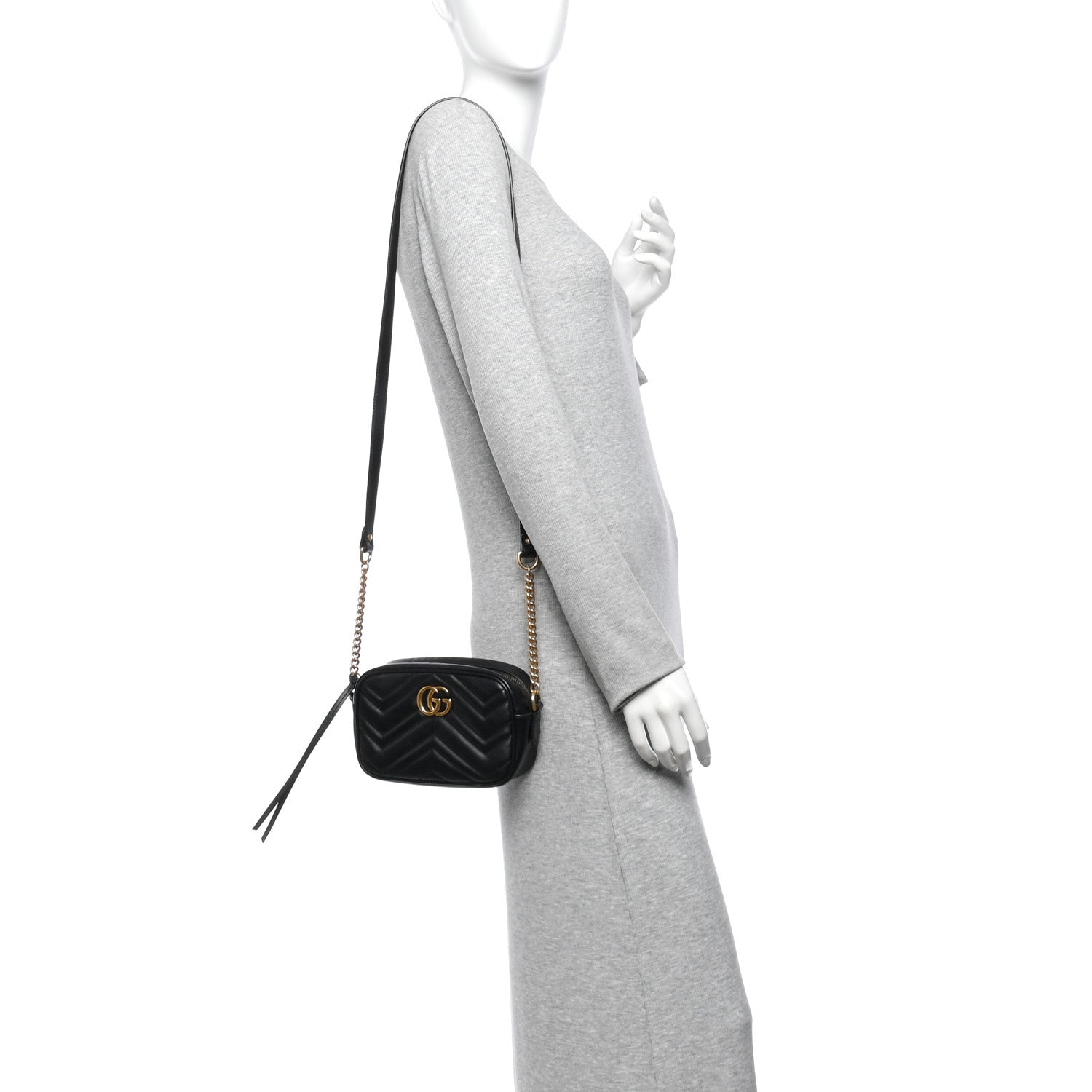 Gucci Calfskin Matelasse Mini GG Marmont Chain Shoulder Bag Black 2 of 11