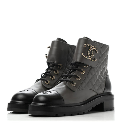 Chanel Shiny Lambskin Quilted Lace Up Combat Boots 38.5 Grey Black 3 of 13