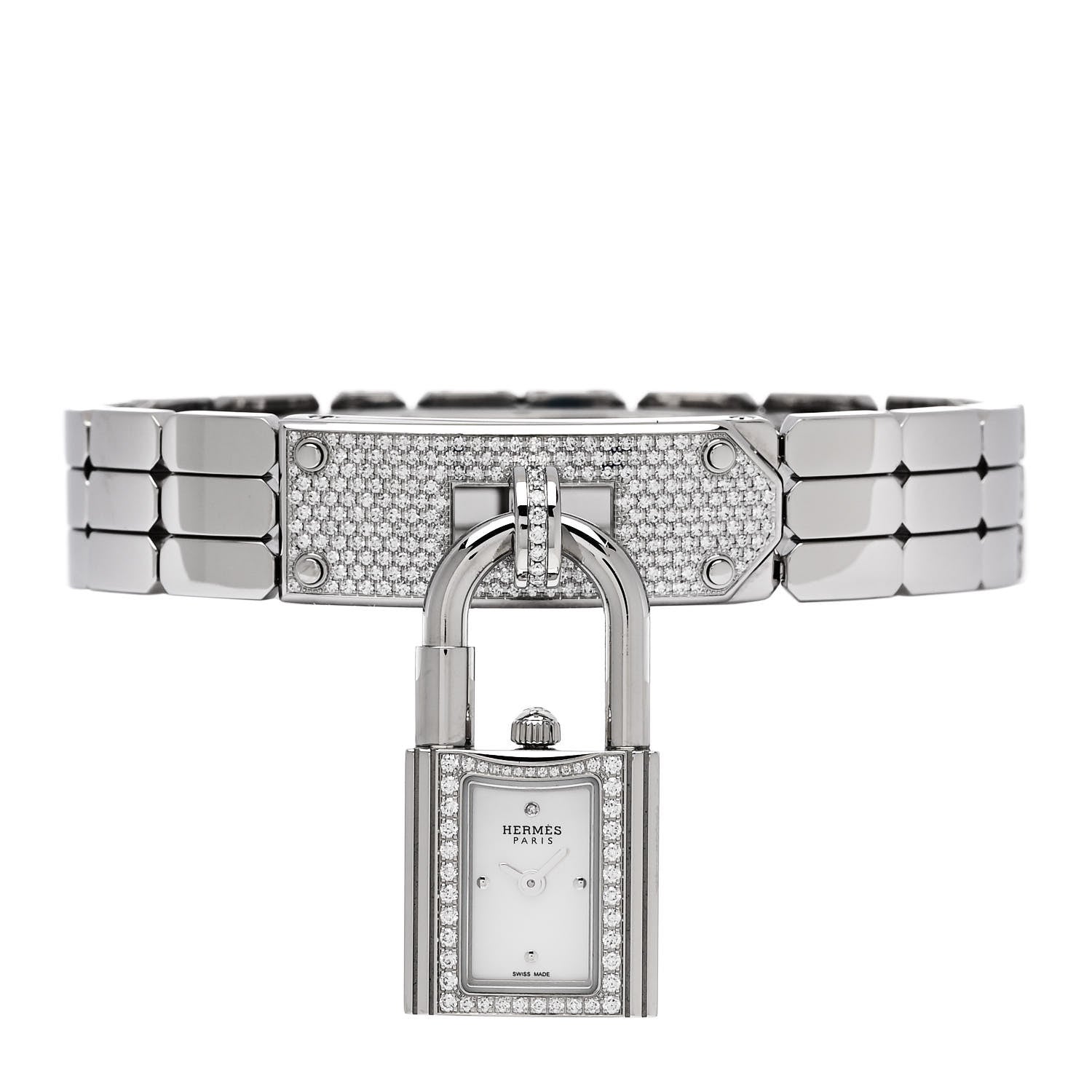 Hermes Stainless Steel Diamond Pave 16mm Kelly Quartz Watch 1 of 4