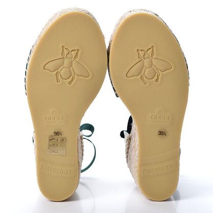 Gucci Canvas Malaga Kid Web Ankle Wrap Espadrille Wedge Sandals 35.5 Green Red Mystic White Emerald 6 of 12