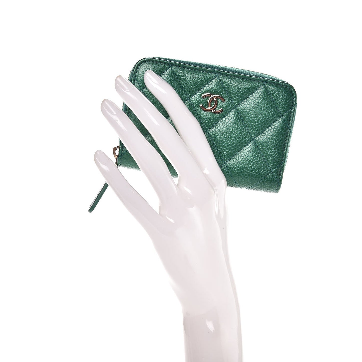 Metallic Caviar Quilted Zip Coin Purse Green