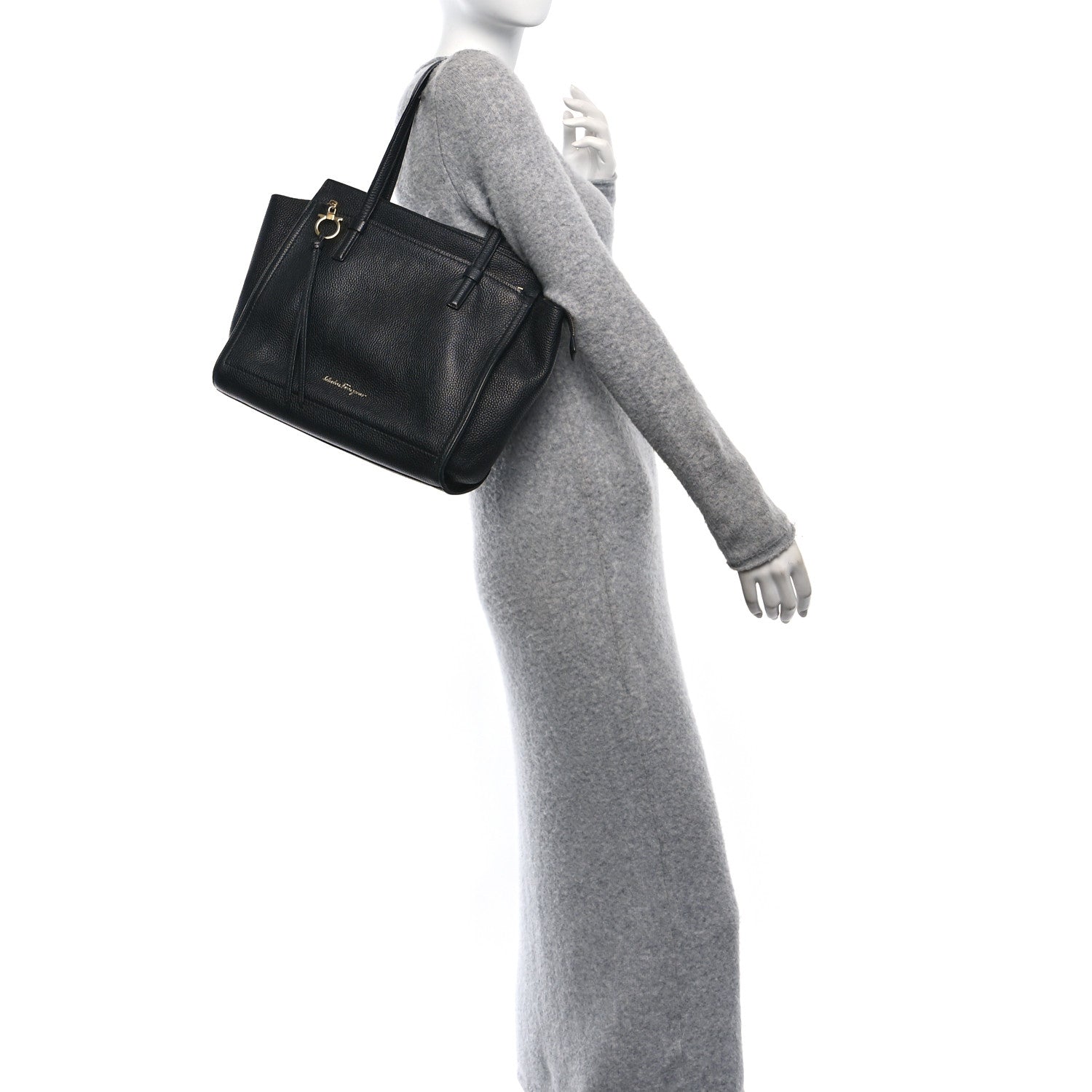 Salvatore Ferragamo Hammered Calfskin Double Handle Large Amy Tote Black 2 of 9