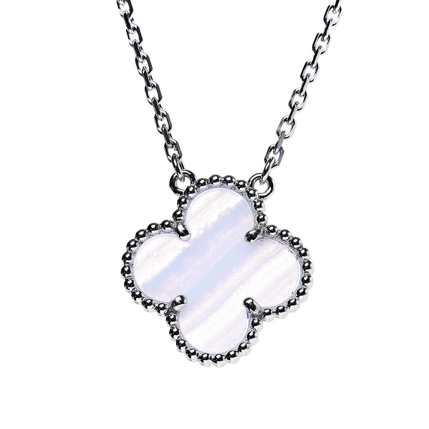 18K White Gold Chalcedony Vintage Alhambra Pendant Necklace