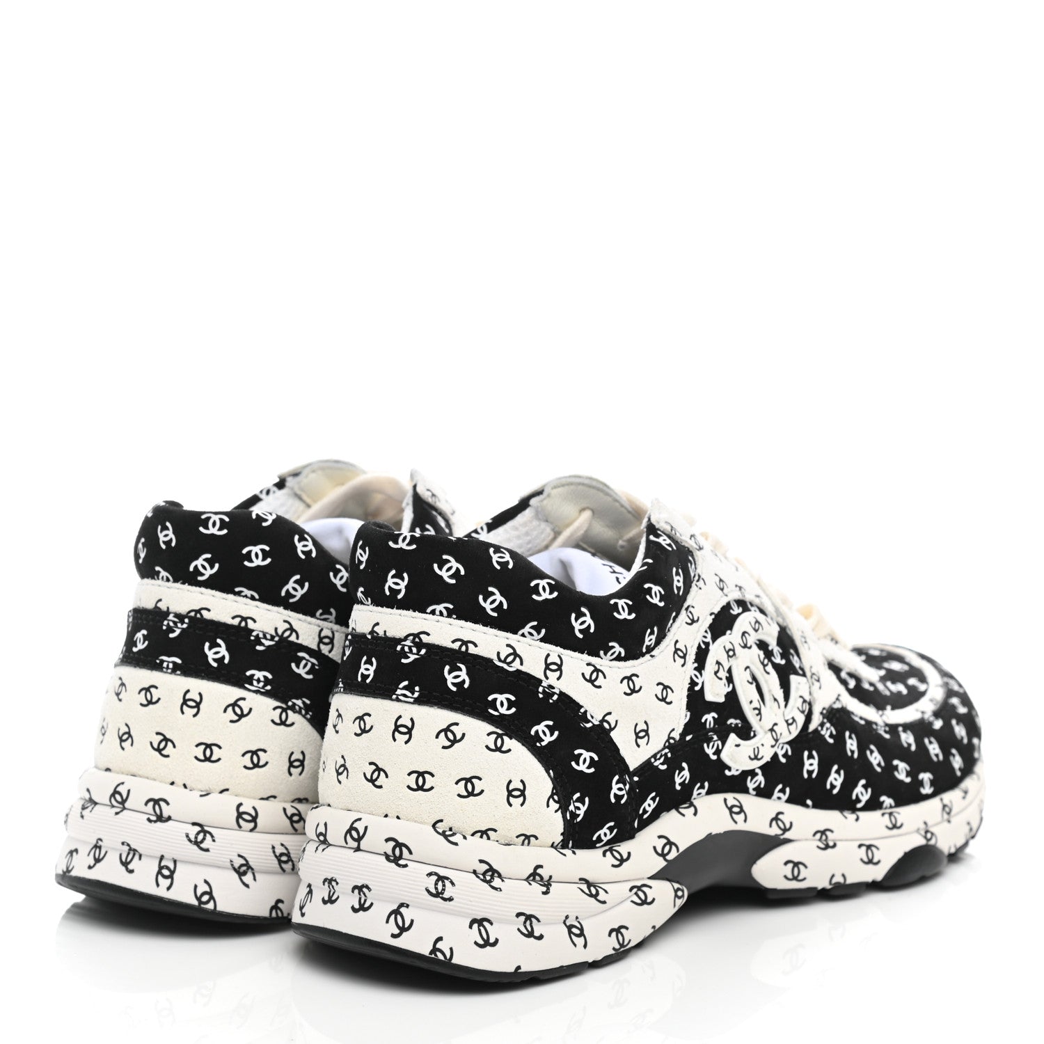 Chanel Nylon Suede Calfskin Printed CC Sneakers 39 White Black 4 of 8