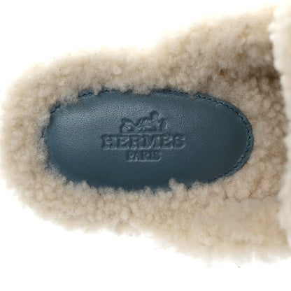 Hermes Suede Goatskin Woolskin Carlotta Mules 37 Bleu Pinede 6 of 7