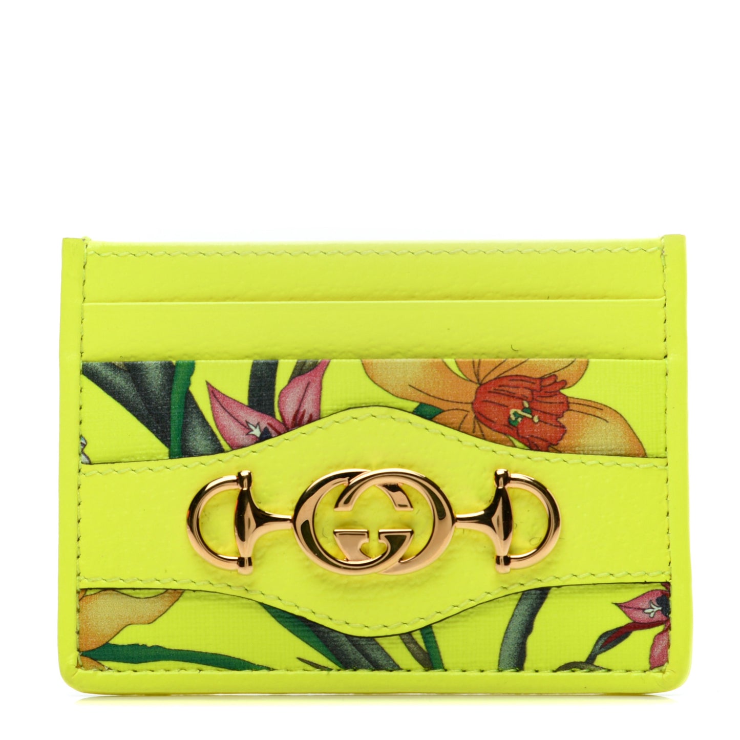 Calfskin Flora Print Zumi Card Holder Yellow Fluo