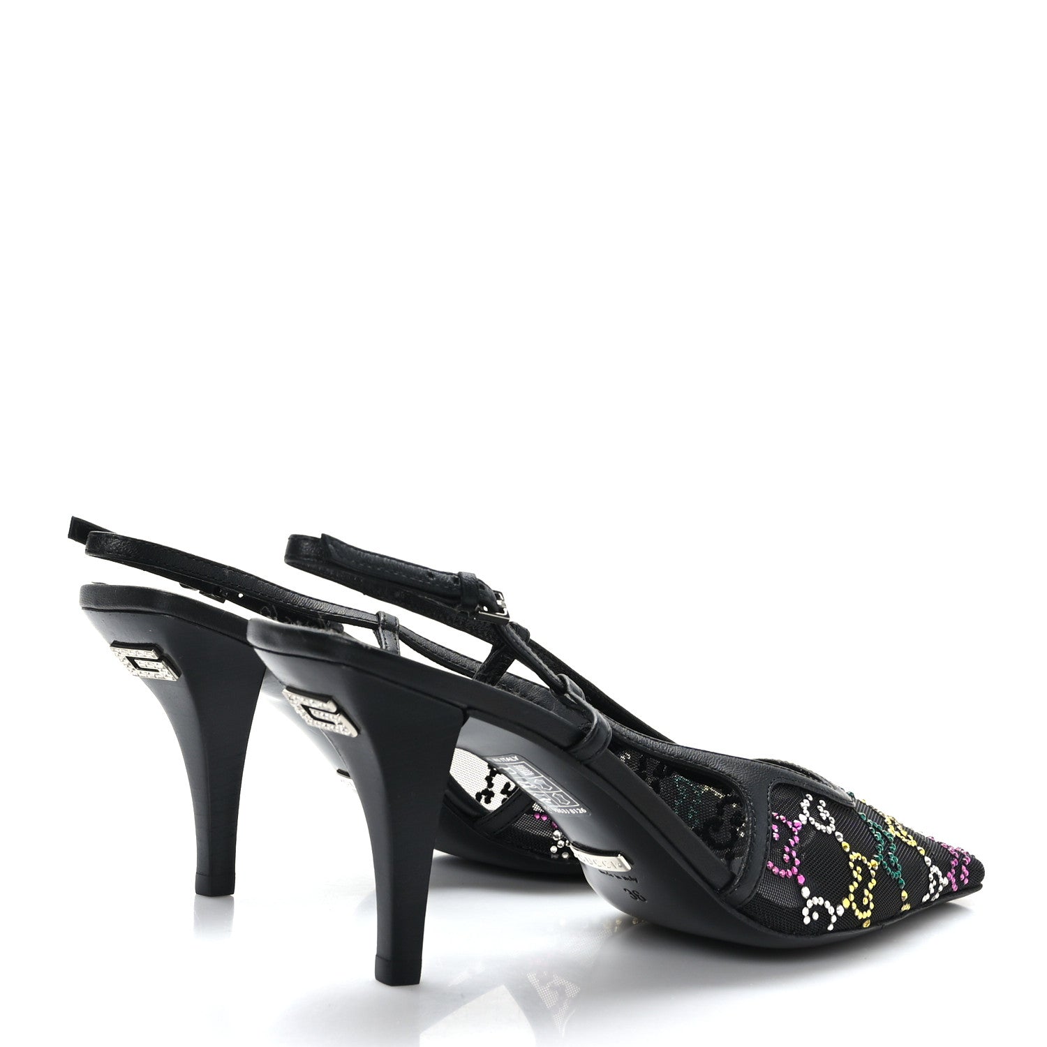 Gucci Tela Retino Nappa Charlotte Crystal GG Monogram Square G 75mm Slingback Pumps 36 Black 4 of 8