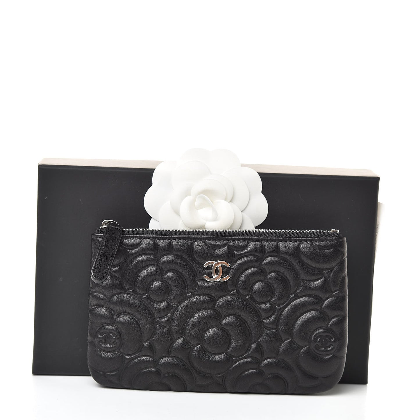 Goatskin Camellia Embossed Cosmetic Pouch Black