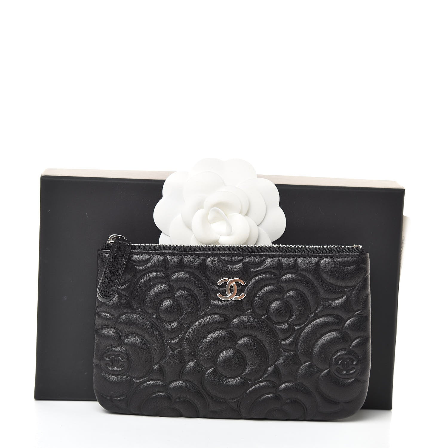Chanel Goatskin Camellia Embossed Cosmetic Pouch Black 8 of 8