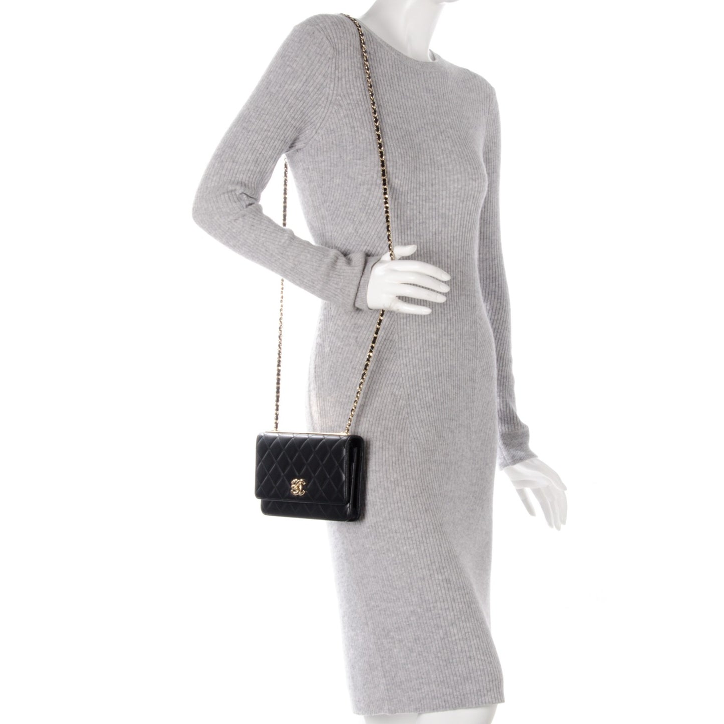 Lambskin Quilted Trendy CC Wallet On Chain WOC Black