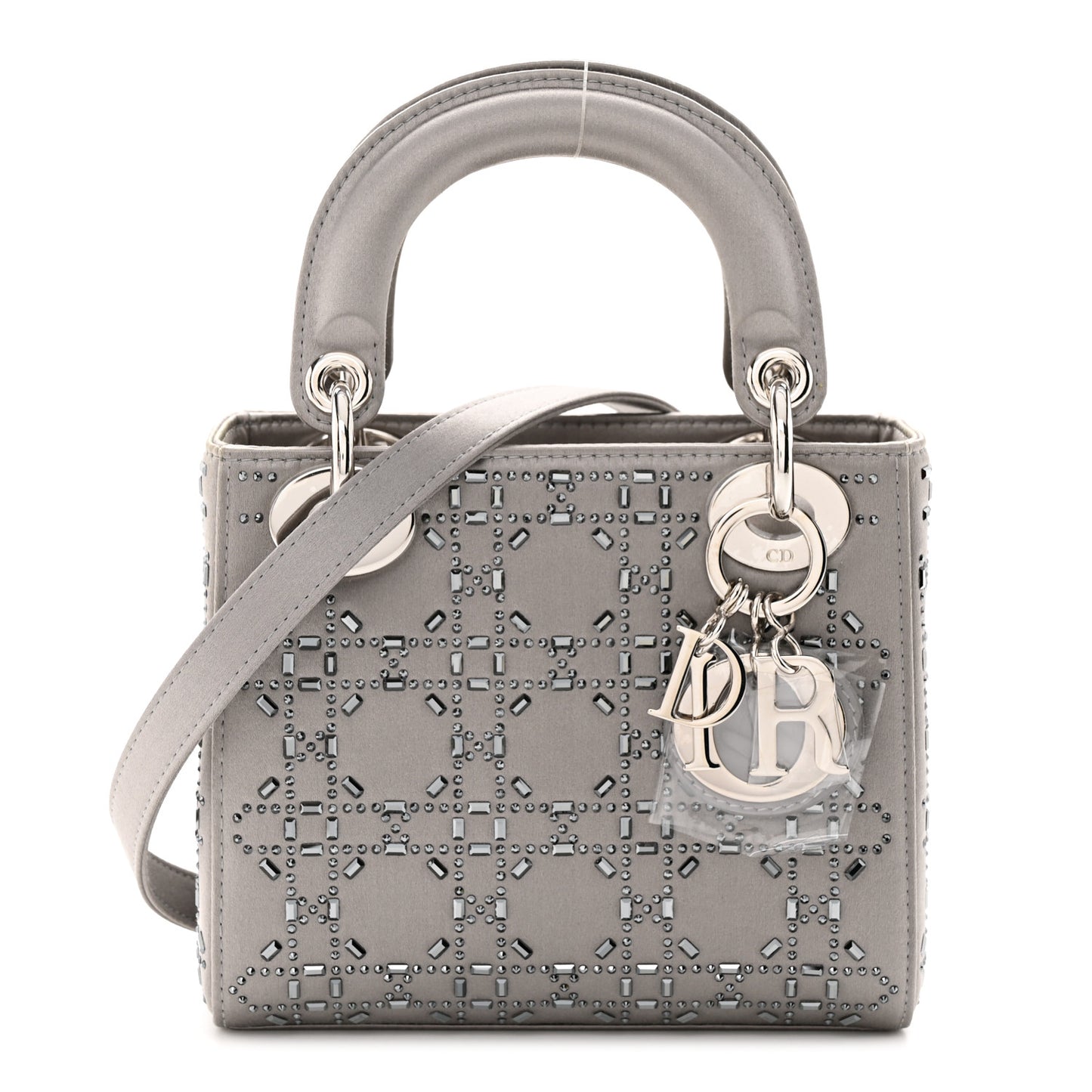 Satin Crystal Cannage Mini Lady Dior Gray