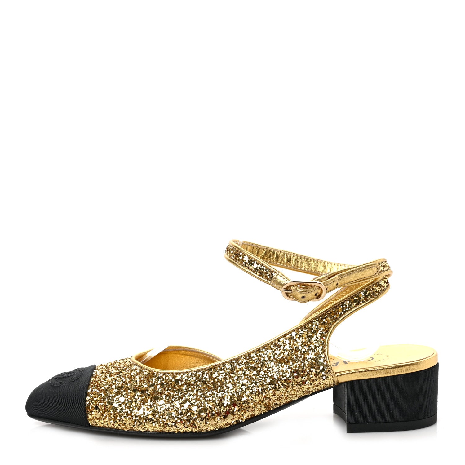 Chanel Glitter Grosgrain Cap Toe CC Slingback Pumps 36.5 Gold Black 1 of 8