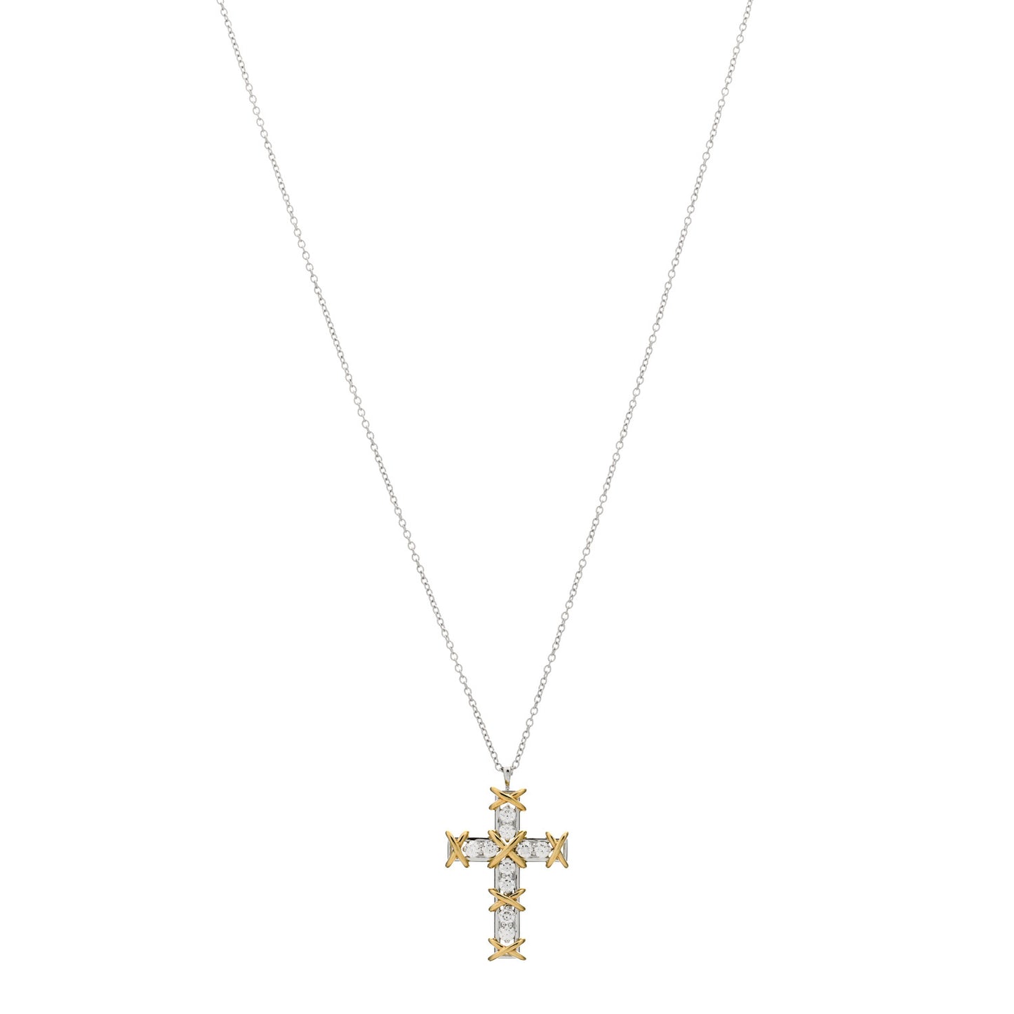 Platinum 18K Yellow Gold Diamond Schlumberger Ten Stone Cross Pendant Necklace