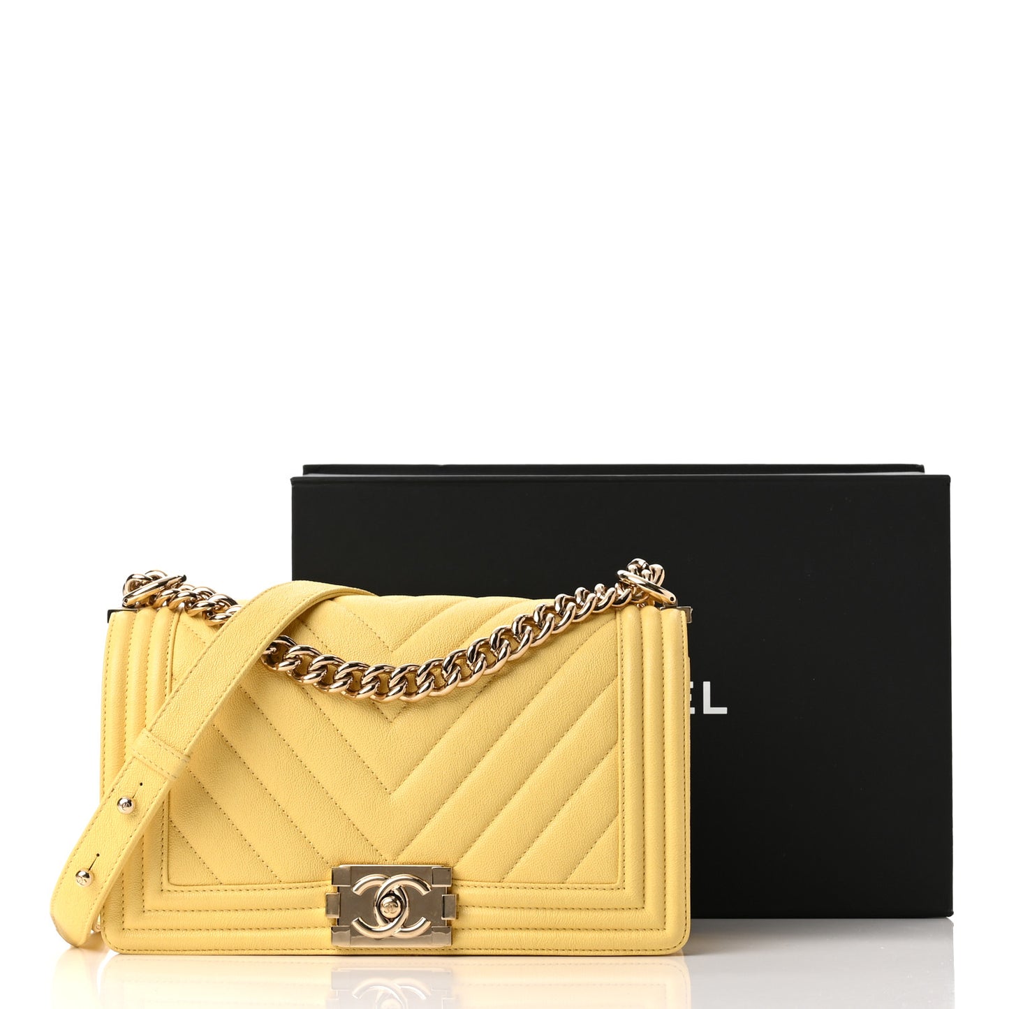 Caviar Chevron Quilted Medium Boy Flap Yellow
