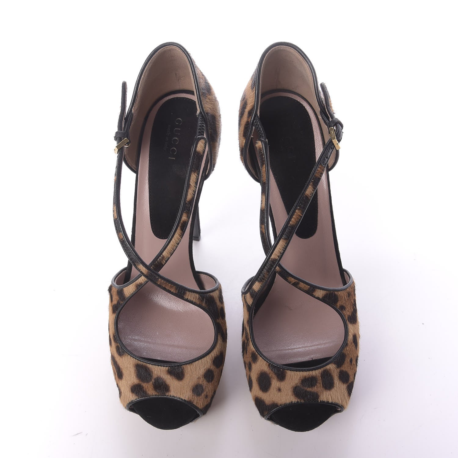 Gucci Calf Hair Suede Leopard Print Criss Cross Platform Pumps 39.5 Black 6 of 11