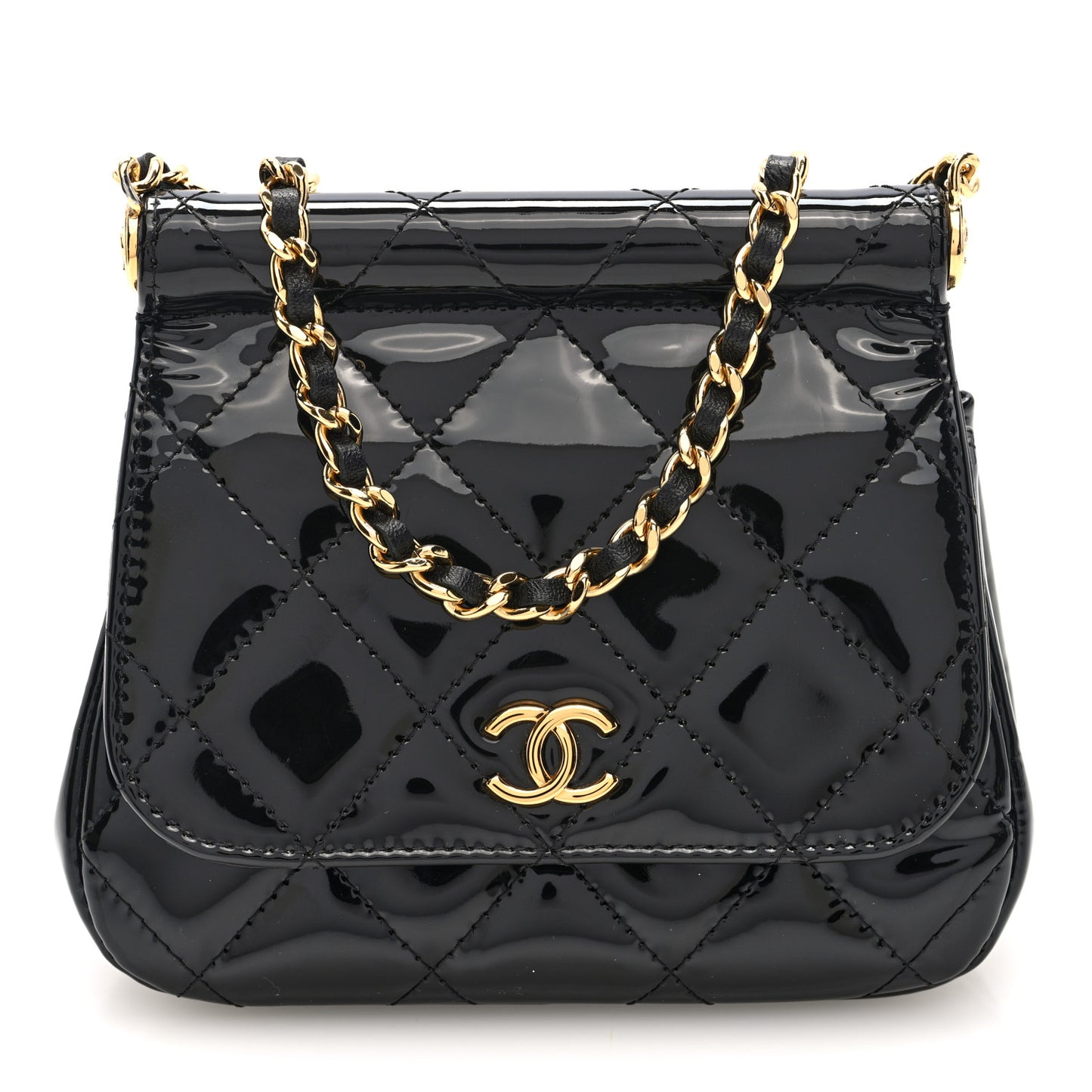Patent Quilted Frame Clutch Flap With Chain Black