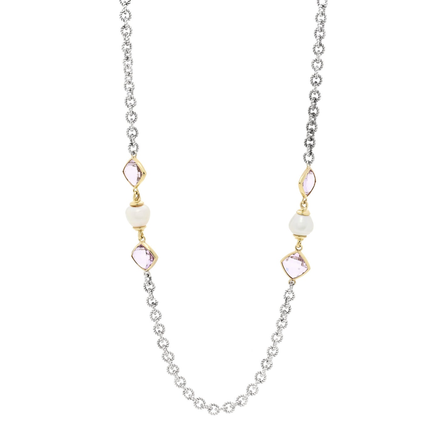 Sterling Silver 18K Yellow Gold Amethyst Cultured Pearl Figaro Chain Necklace