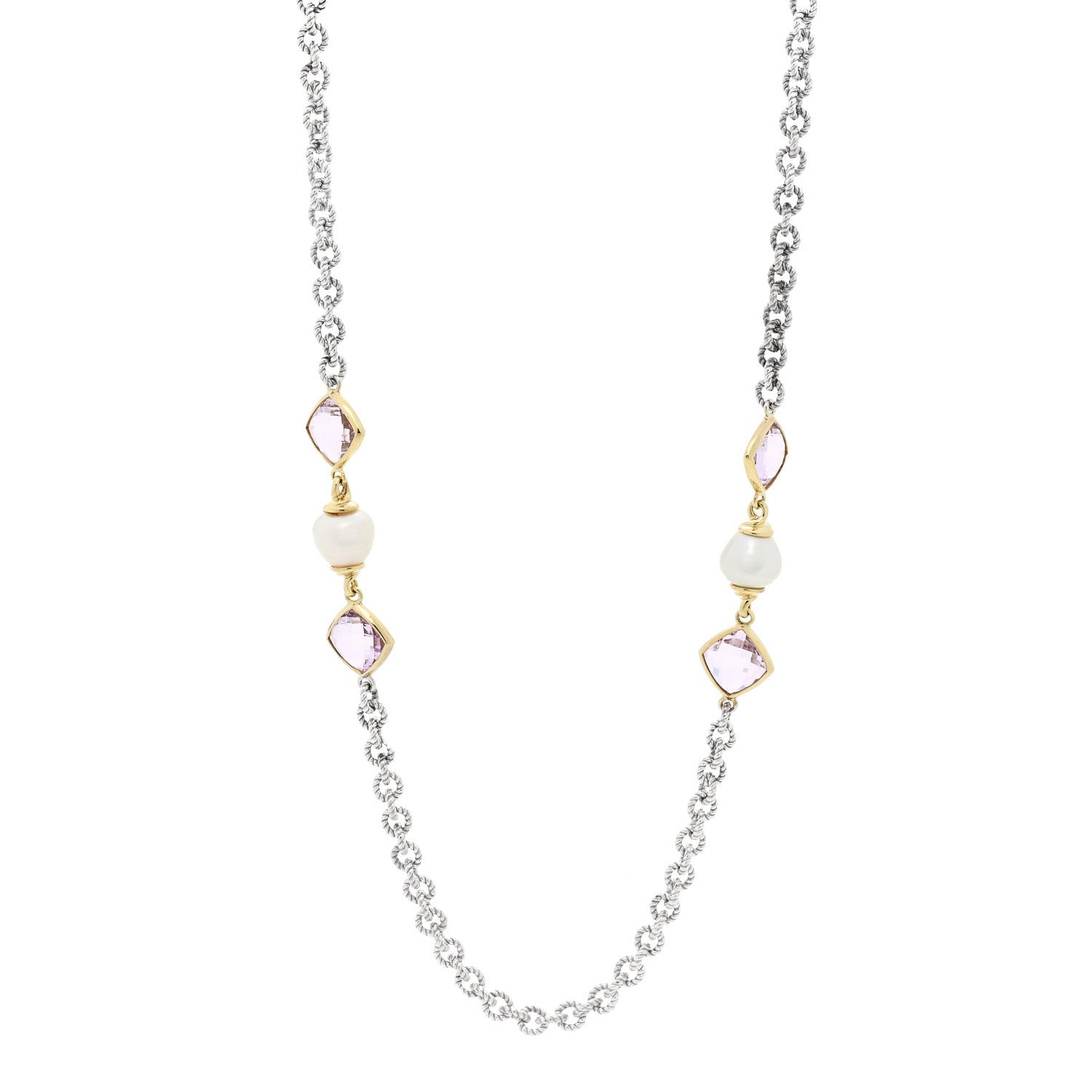 David Yurman Sterling Silver 18K Yellow Gold Amethyst Cultured Pearl Figaro Chain Necklace 1 of 4