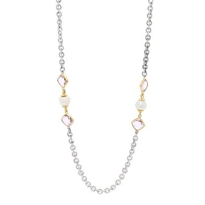 David Yurman Sterling Silver 18K Yellow Gold Amethyst Cultured Pearl Figaro Chain Necklace 1 of 4