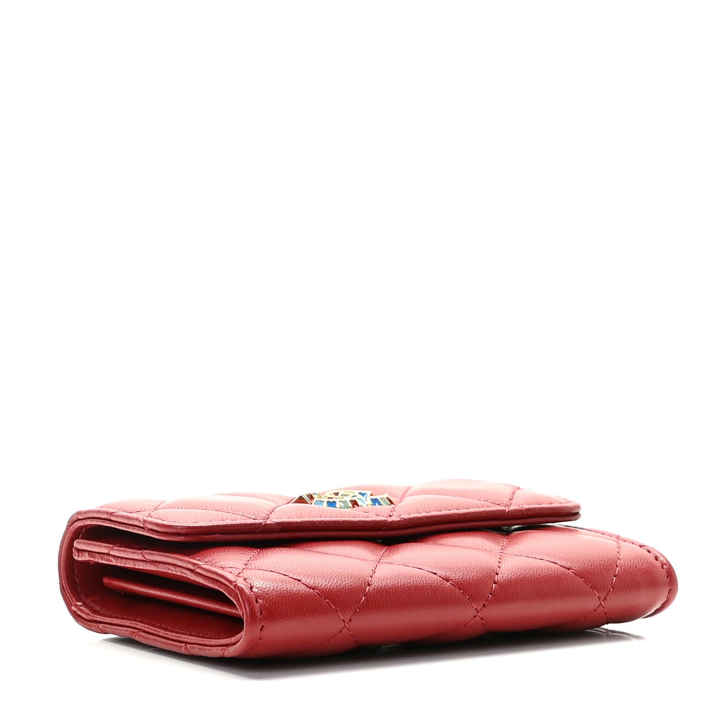 Lambskin Quilted Enamel Flap Card Holder Wallet Red