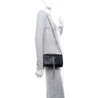 Saint Laurent Calfskin Crocodile Embossed Small Classic Monogram Kate Tassel Satchel Black 1 of 10