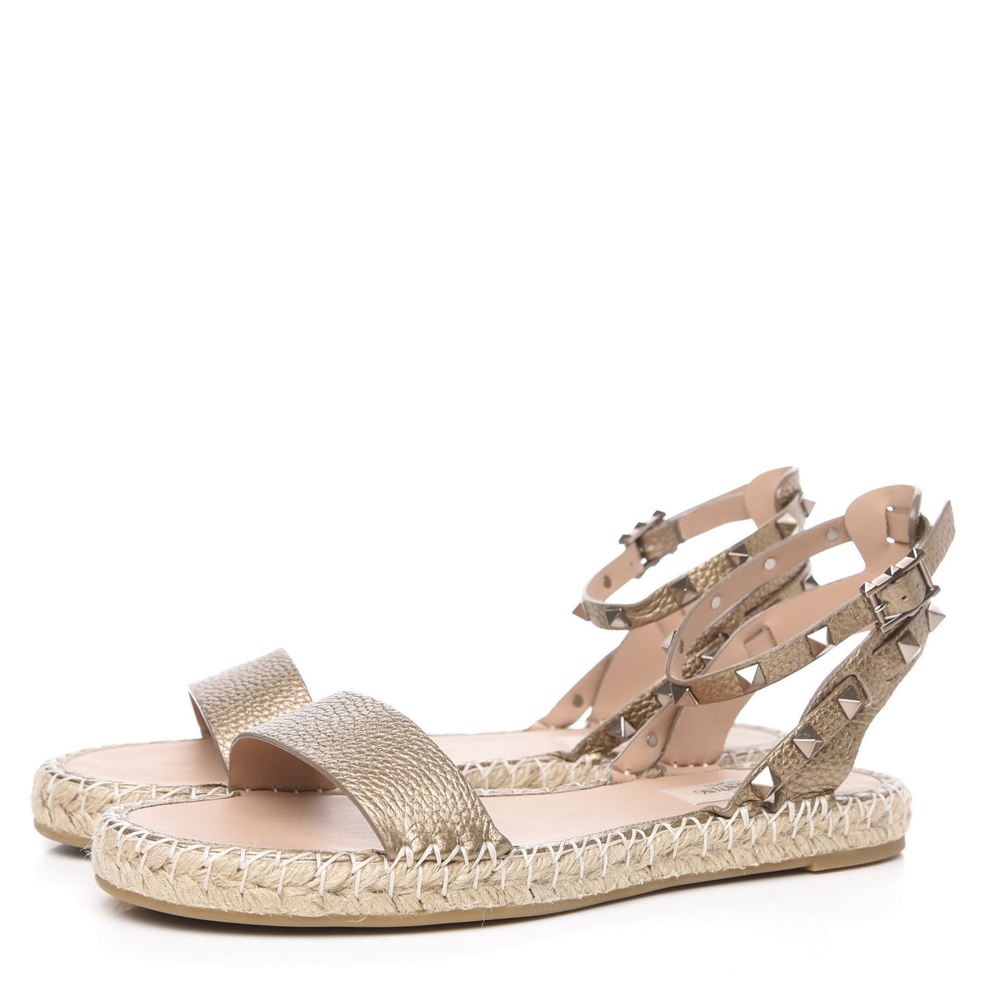 Metallic Calfskin Rockstud Ankle Strap Espadrille Flat Sandals 39 Skin