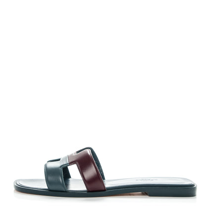 Hermes Box Calfskin Oran Sandals 37.5 Bleu Ardoise Bordeaux 1 of 7