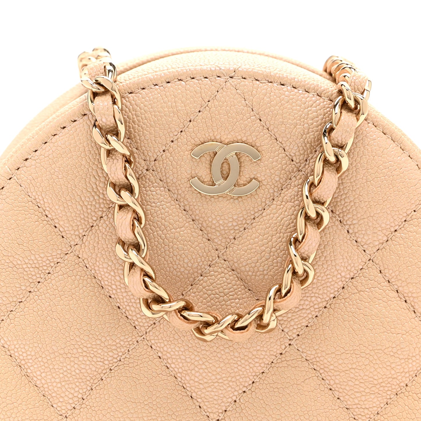 Iridescent Caviar Quilted Round Clutch With Chain Beige