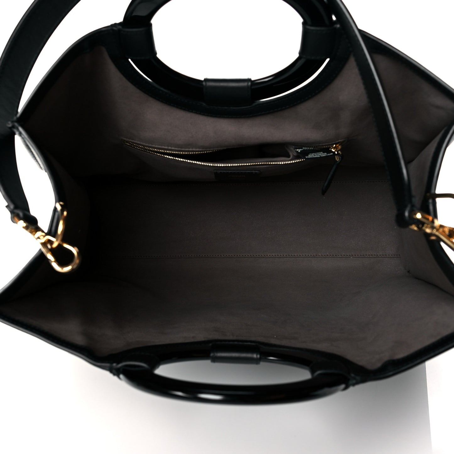 Glazed Fabric Vitello Century Plexiglass FF 1974 Stamp Patch Medium Runaway Shopper Tote Mogano Panna Black