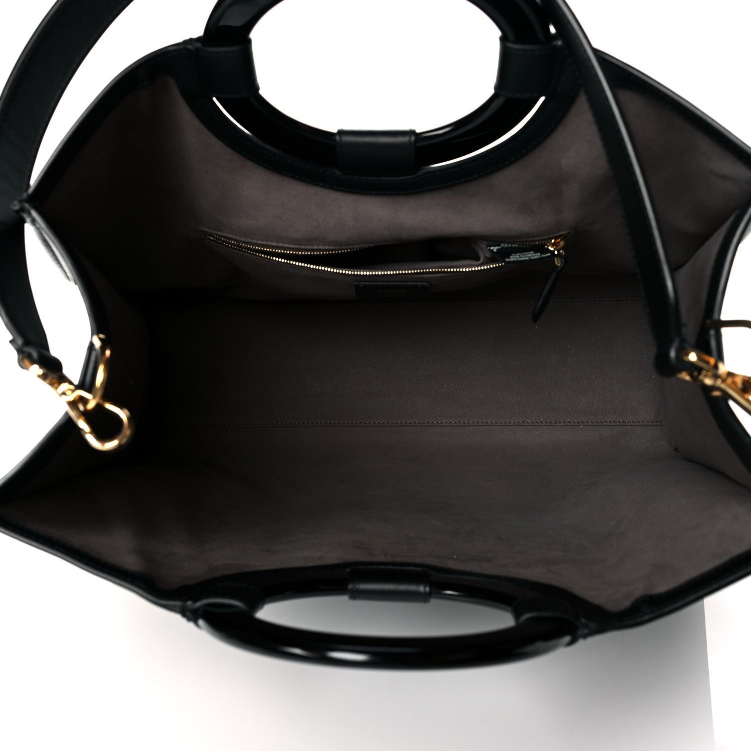 Fendi Glazed Fabric Vitello Century Plexiglass FF 1974 Stamp Patch Medium Runaway Shopper Tote Mogano Panna Black 5 of 10