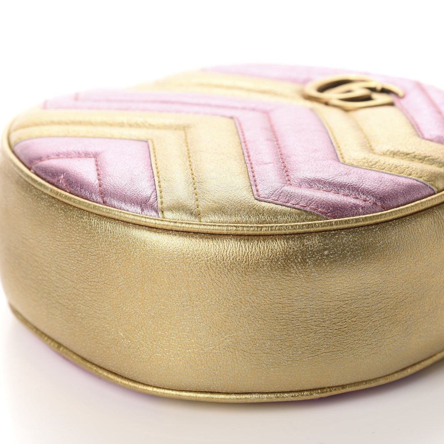Metallic Calfskin Matelasse Mini GG Marmont Round Shoulder Bag Gold Pink