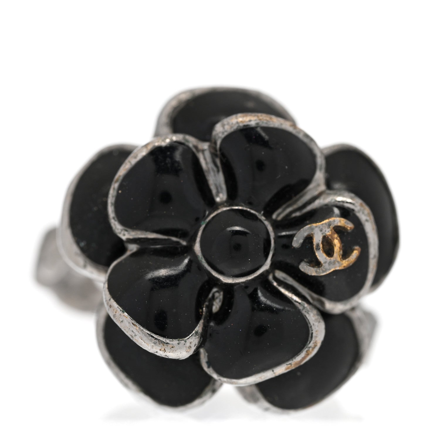 Chanel Enamel Ruthenium CC Camellia Ring 52 6 Black 1 of 4