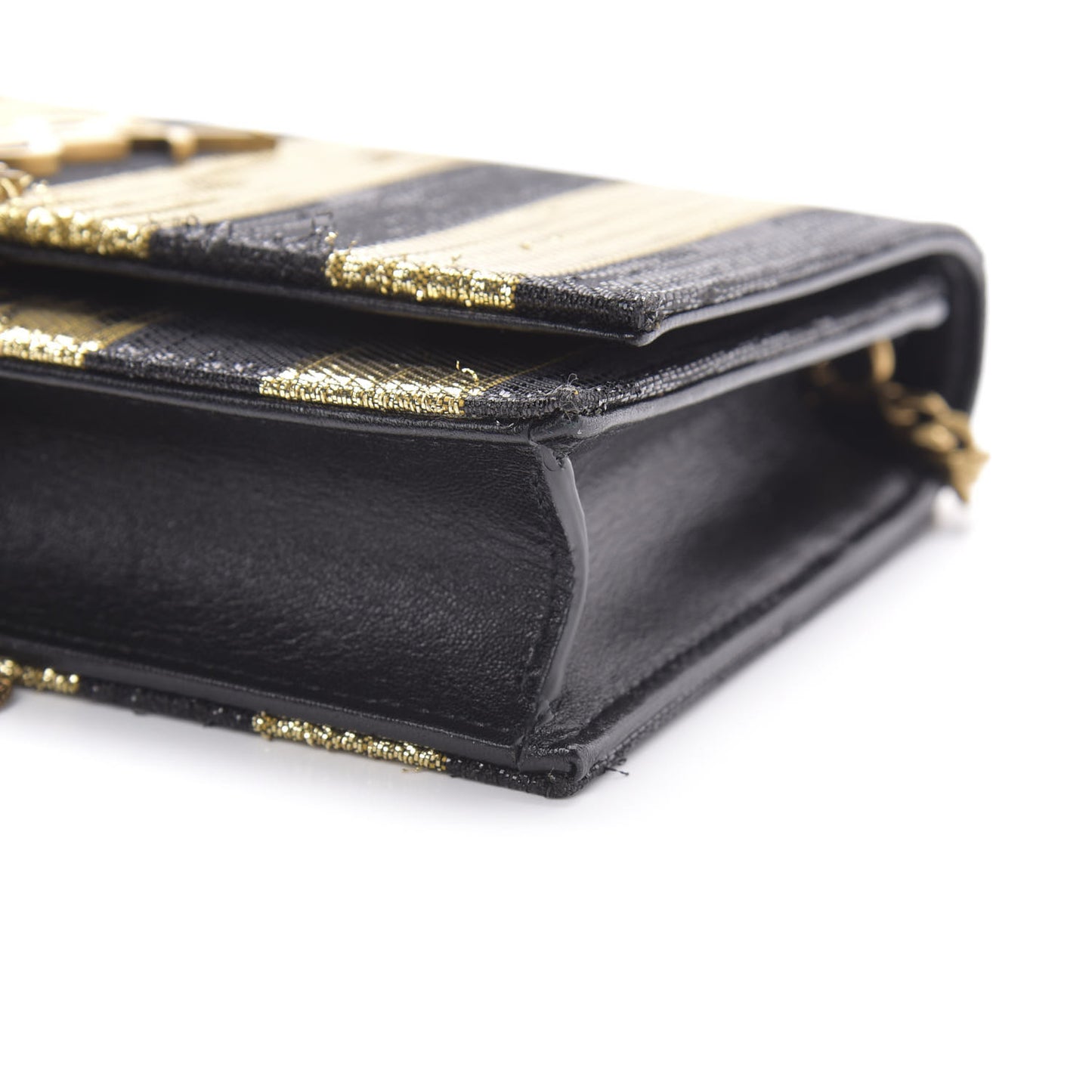 Sequin Striped Classic Monogram Kate Tassel Chain Wallet Black Gold