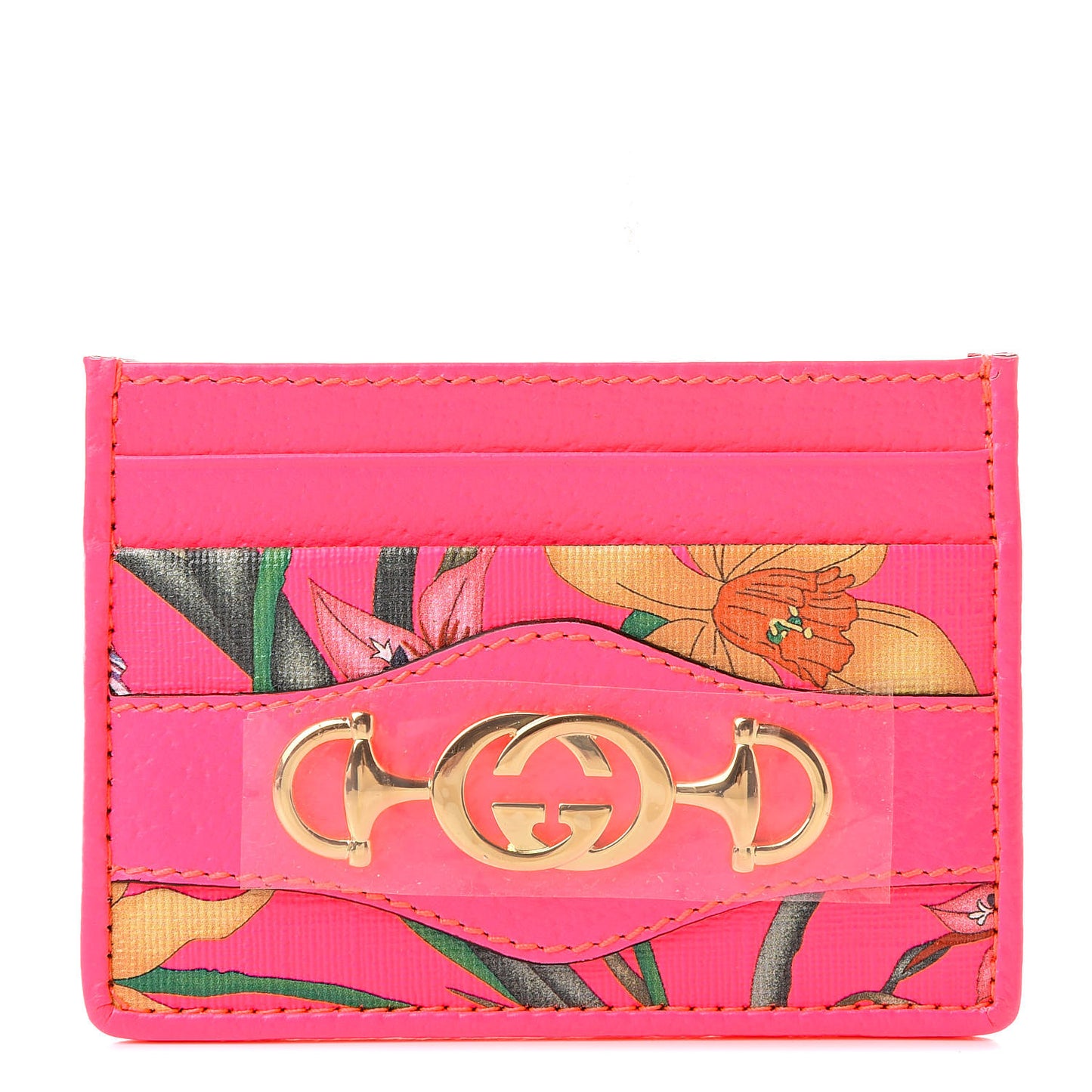 Calfskin Flora Print Zumi Card Holder Fuxia Fluo