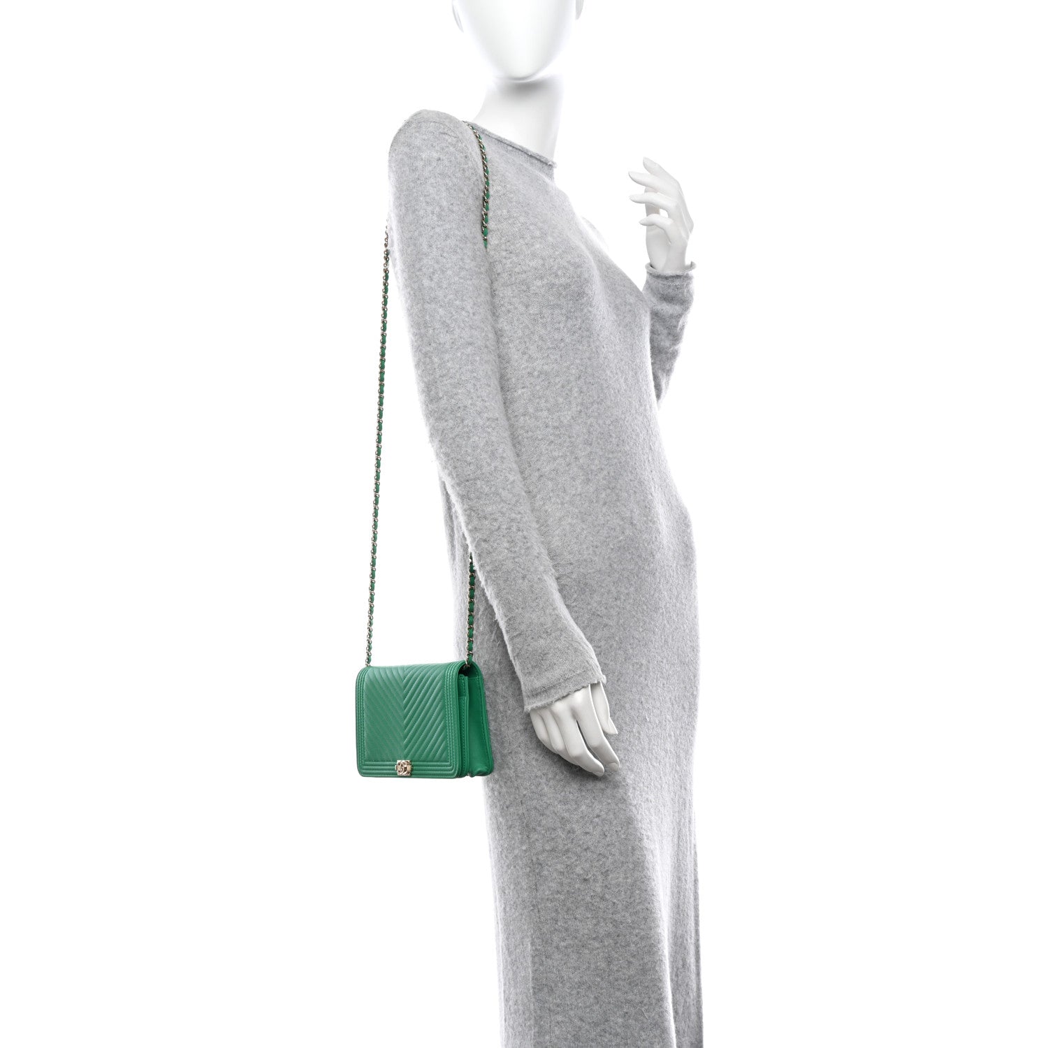 Chanel Lambskin Chevron Quilted Boy Wallet On Chain WOC Green 2 of 12