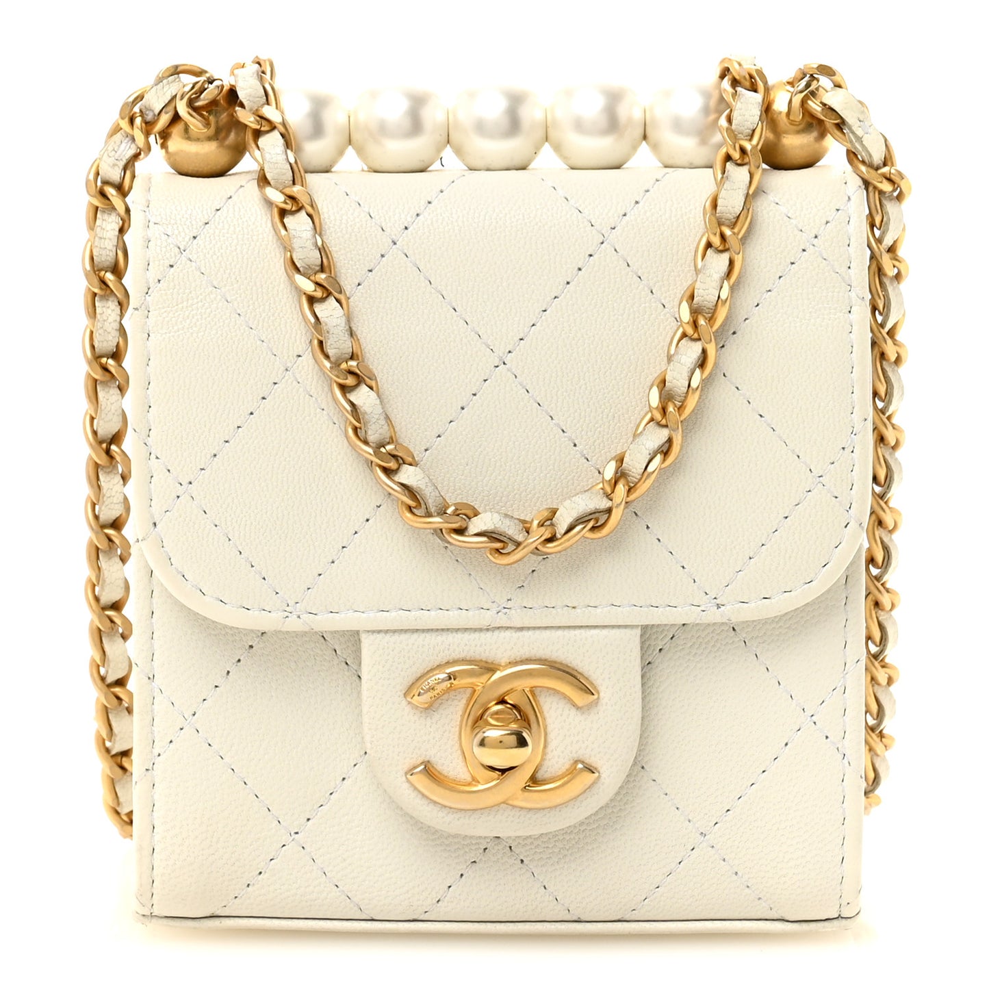 Goatskin Chic Pearls Clutch On Chain White
