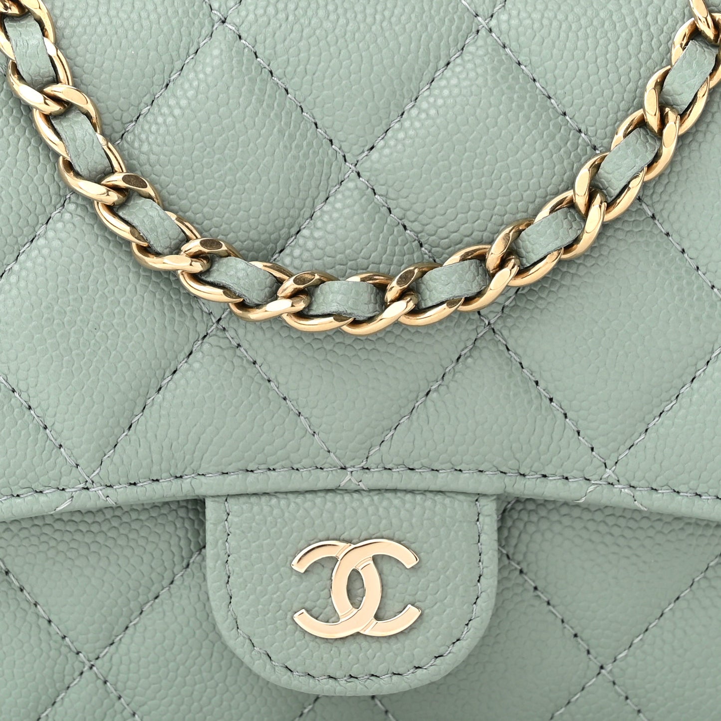 Caviar Quilted Flap Phone Holder With Chain Light Green