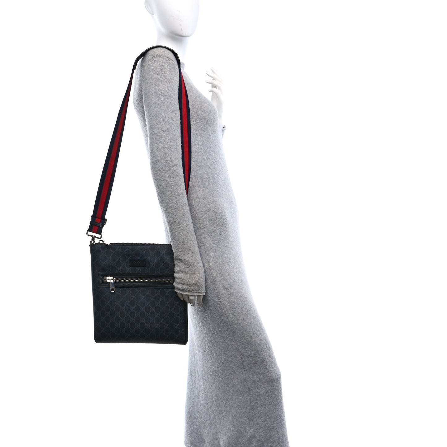 GG Supreme Monogram Appia Calfskin Web Flat Messenger Bag Black Grey