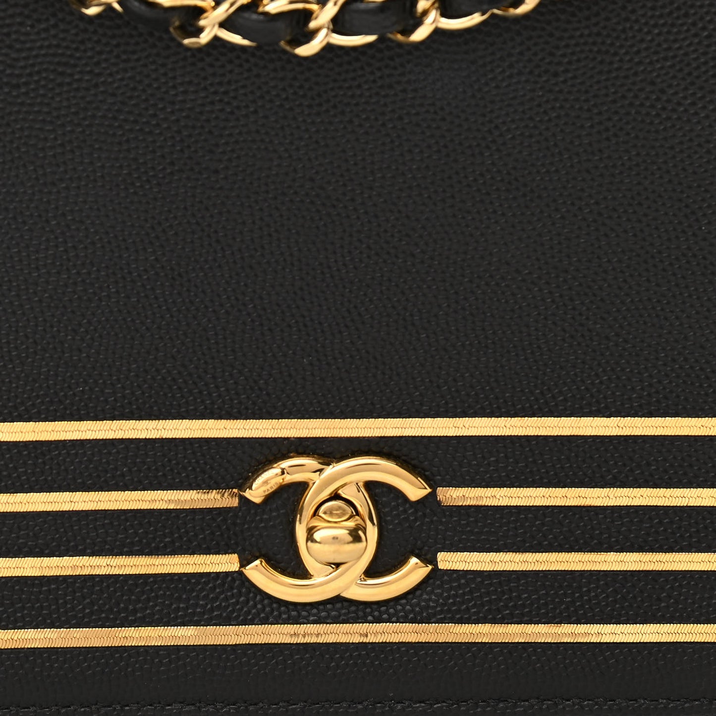 Grained Calfskin Embroidered Captain Gold Flap Bag Black
