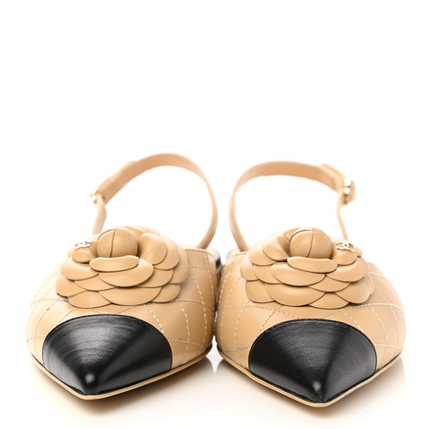 Chanel Lambskin Stitched Camellia Slingback Flats 40.5 Beige Black 2 of 9