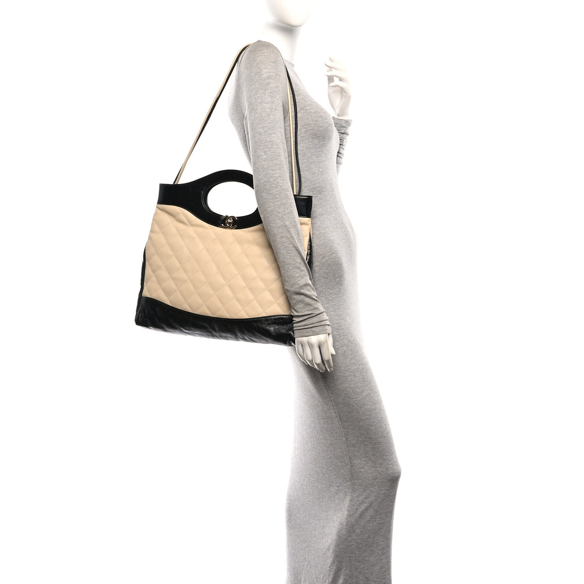 Aged Calfskin Quilted Large 31 Shopping Bag Beige Black