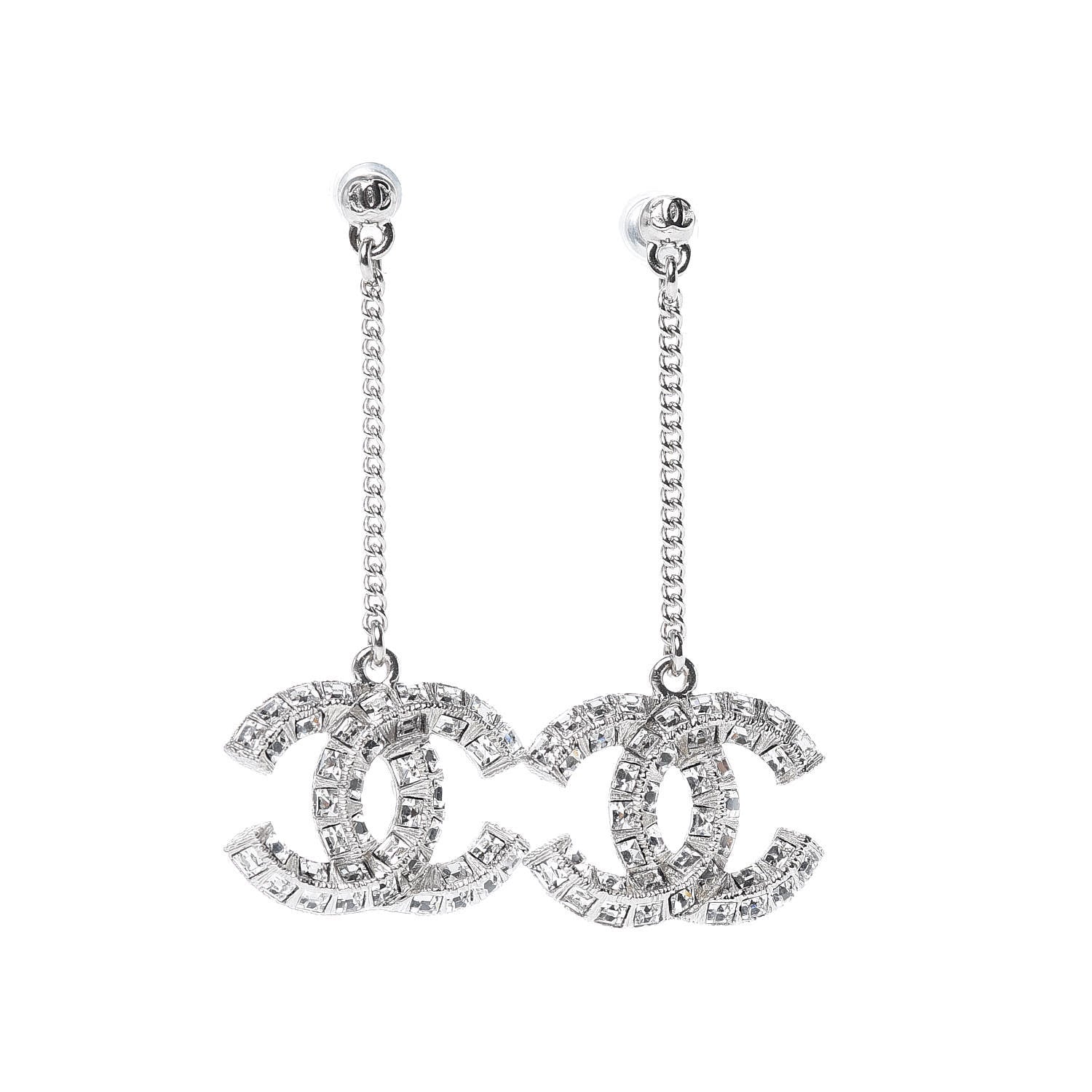 Chanel Baguette Crystal CC Dangle Earrings Silver 1 of 3