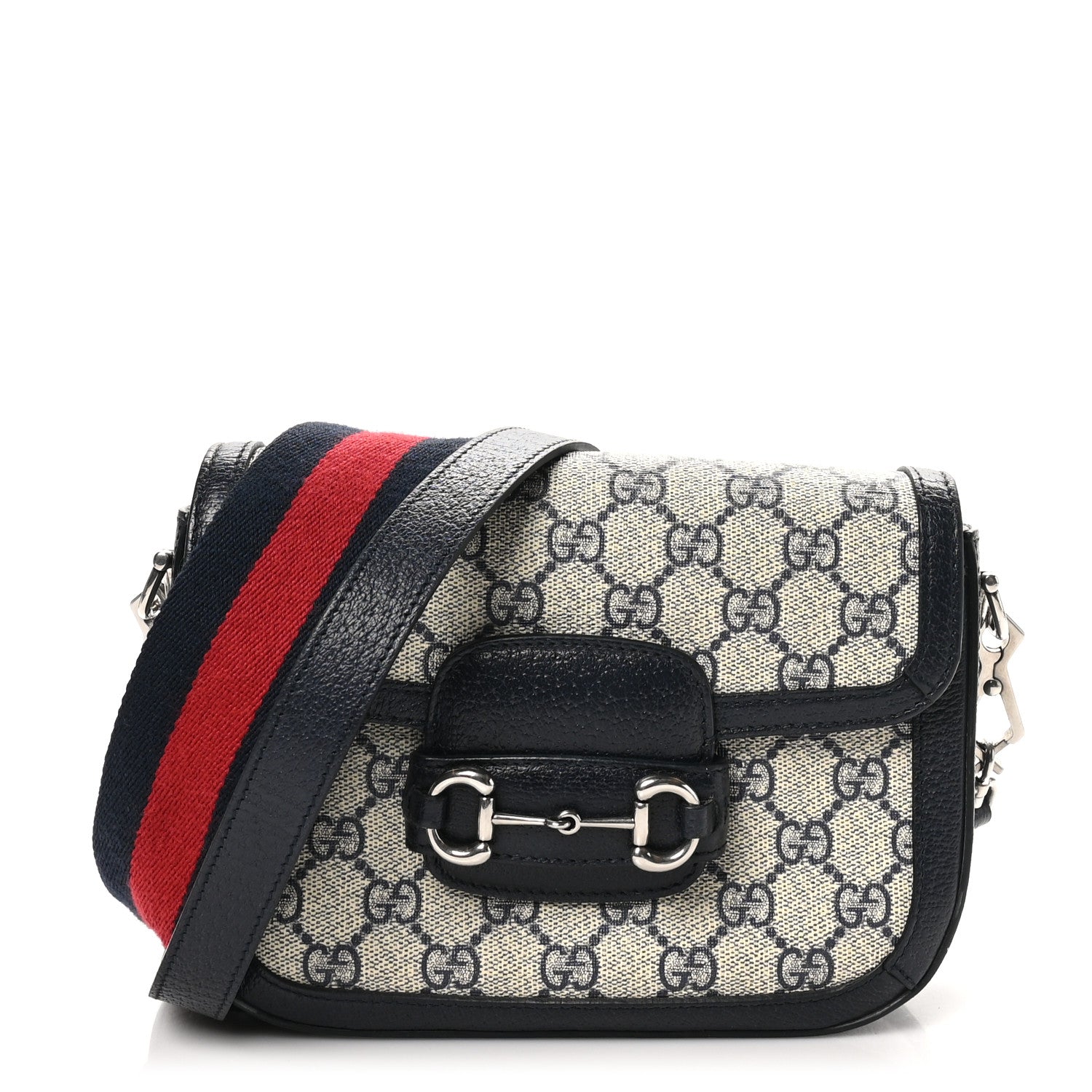 Gucci GG Supreme Monogram Textured Dollar Calfskin Web Mini Horsebit 1955 Shoulder Bag Beige Blue 1 of 10
