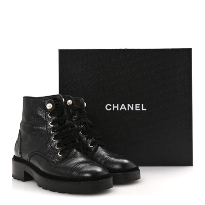 Chanel Shiny Calfskin Velvet Pearl Combat Short Boots 36 Black 12 of 12