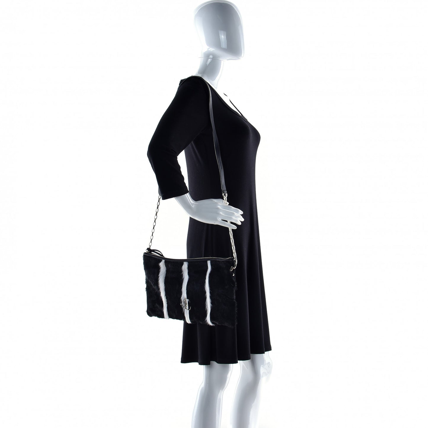 Pony Hair Striped Chain Clutch Black White