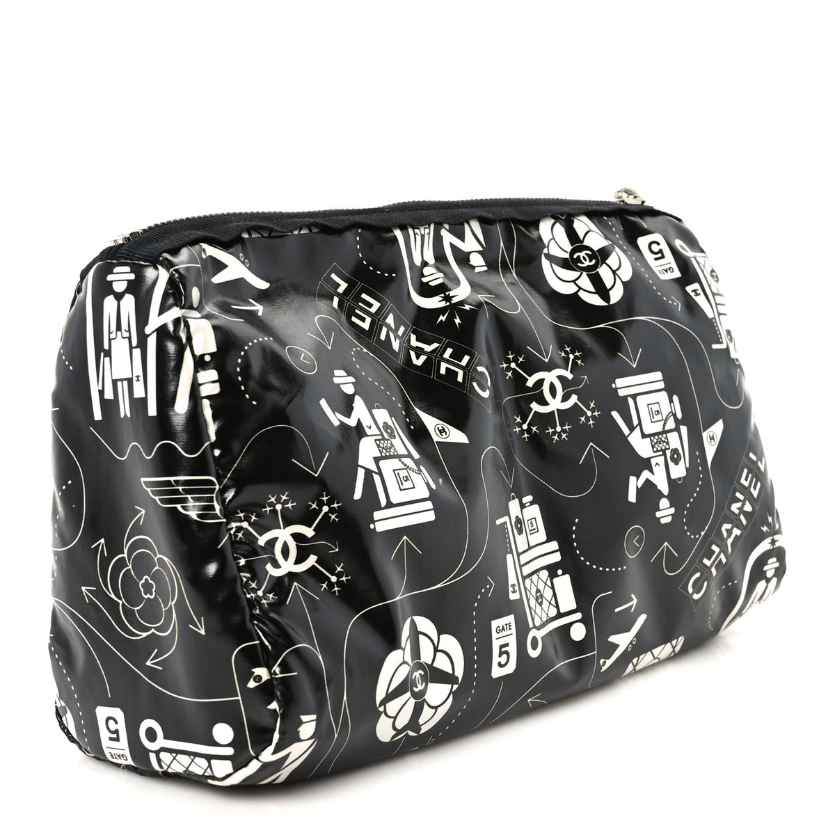 Coated Canvas Airline Cosmetic Pouch Black White