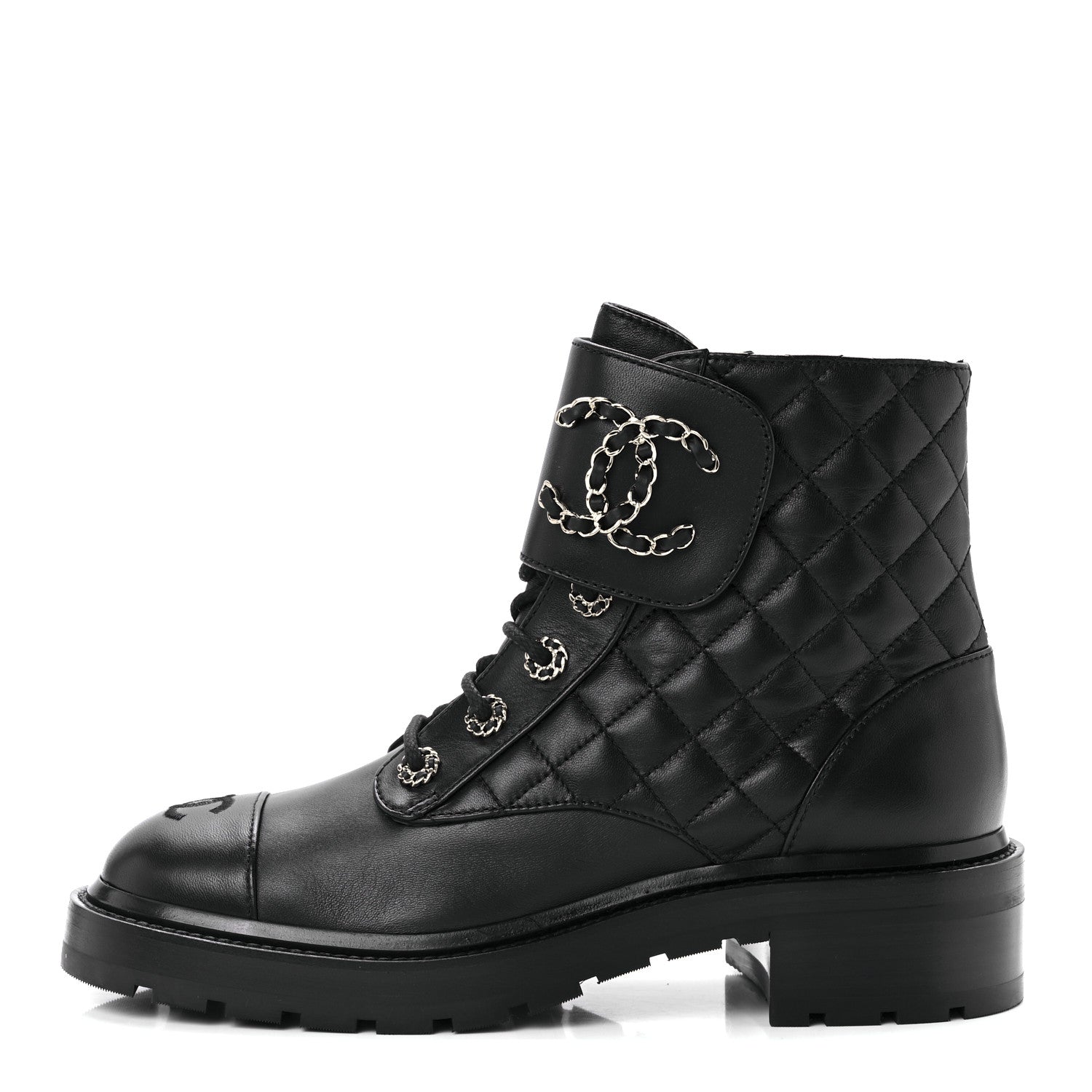 Chanel Shiny Lambskin Quilted Lace Up Combat Boots 39 Black 1 of 10