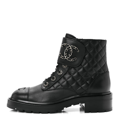 Chanel Shiny Lambskin Quilted Lace Up Combat Boots 39 Black 1 of 10