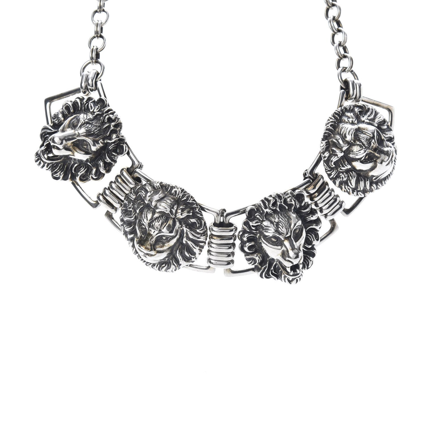 Metal Lion Heads Necklace Aged Silver